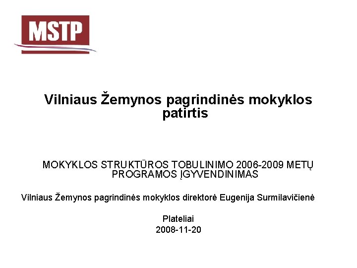 Vilniaus Žemynos pagrindinės mokyklos patirtis MOKYKLOS STRUKTŪROS TOBULINIMO 2006 -2009 METŲ PROGRAMOS ĮGYVENDINIMAS Vilniaus