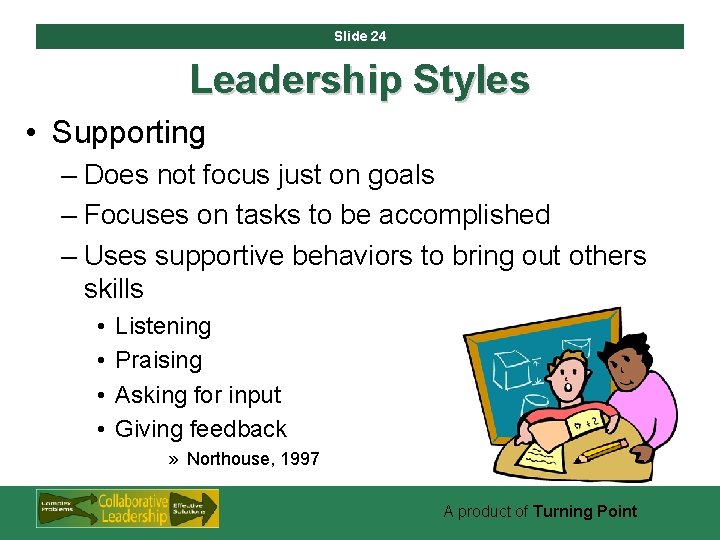 Slide 24 Leadership Styles • Supporting – Does not focus just on goals –