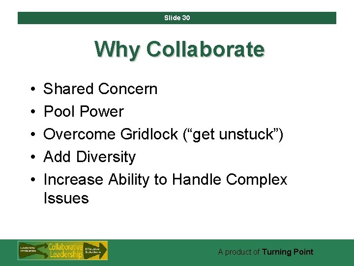 Slide 30 Why Collaborate • • • Shared Concern Pool Power Overcome Gridlock (“get