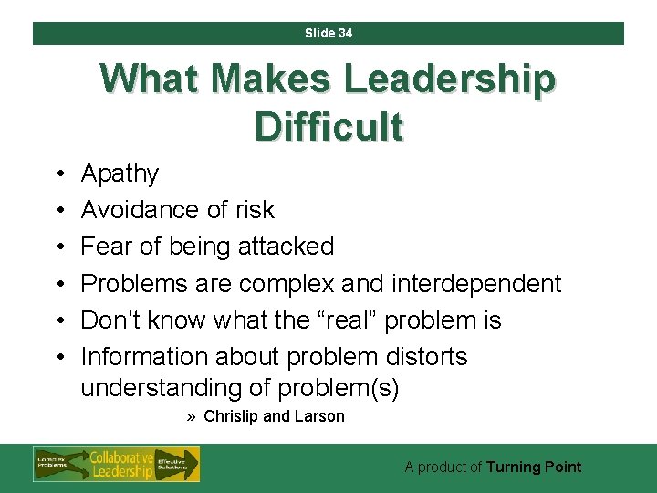 Slide 34 What Makes Leadership Difficult • • • Apathy Avoidance of risk Fear