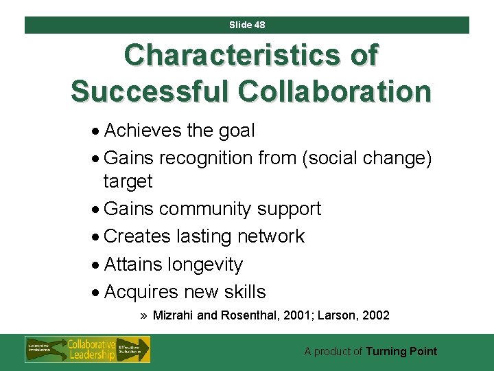 Slide 48 Characteristics of Successful Collaboration · Achieves the goal · Gains recognition from