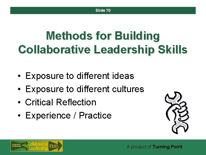 Slide 70 Methods for Building Collaborative Leadership Skills • • Exposure to different ideas