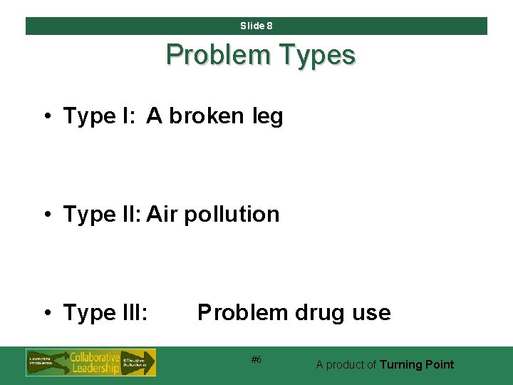 Slide 8 Problem Types • Type I: A broken leg • Type II: Air