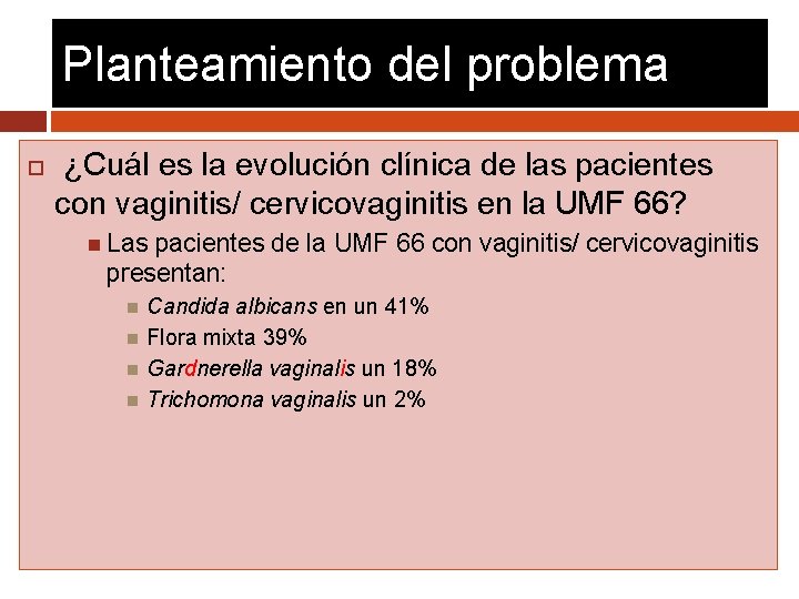 Planteamiento del problema ¿Cuál es la evolución clínica de las pacientes con vaginitis/ cervicovaginitis