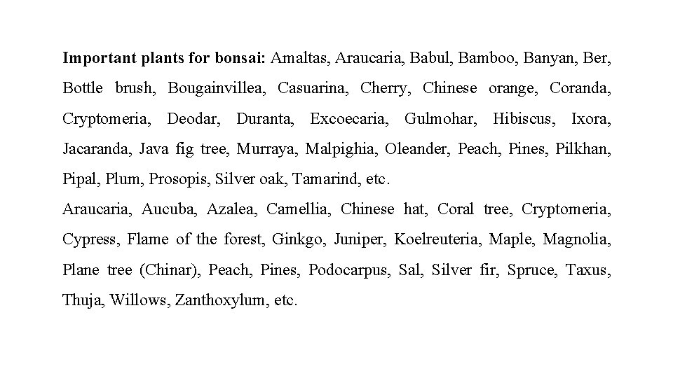 Important plants for bonsai: Amaltas, Araucaria, Babul, Bamboo, Banyan, Ber, Bottle brush, Bougainvillea, Casuarina,