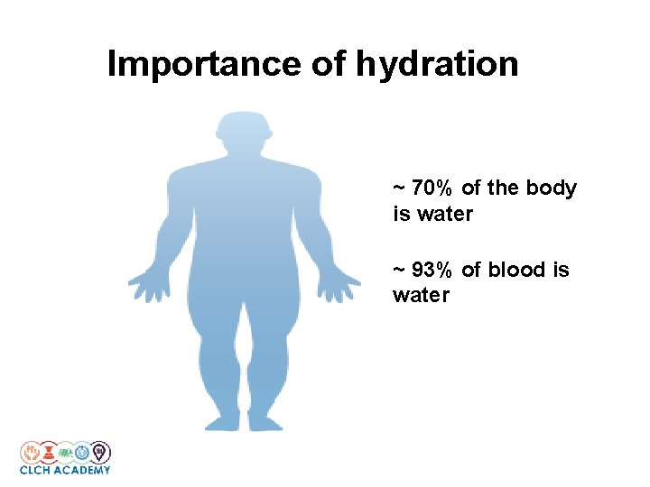 Importance of hydration ~ 70% of the body is water ~ 93% of blood