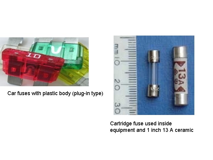 Car fuses with plastic body (plug-in type) Cartridge fuse used inside equipment and 1