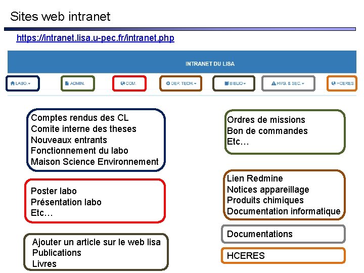 Sites web intranet https: //intranet. lisa. u-pec. fr/intranet. php Comptes rendus des CL Comite