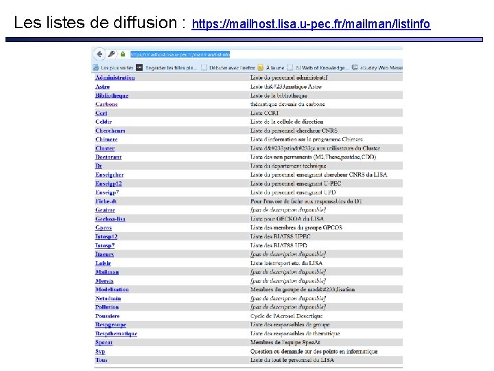 Les listes de diffusion : https: //mailhost. lisa. u-pec. fr/mailman/listinfo 