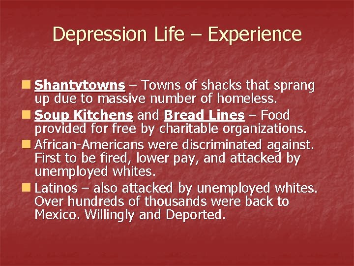 Depression Life – Experience n Shantytowns – Towns of shacks that sprang up due