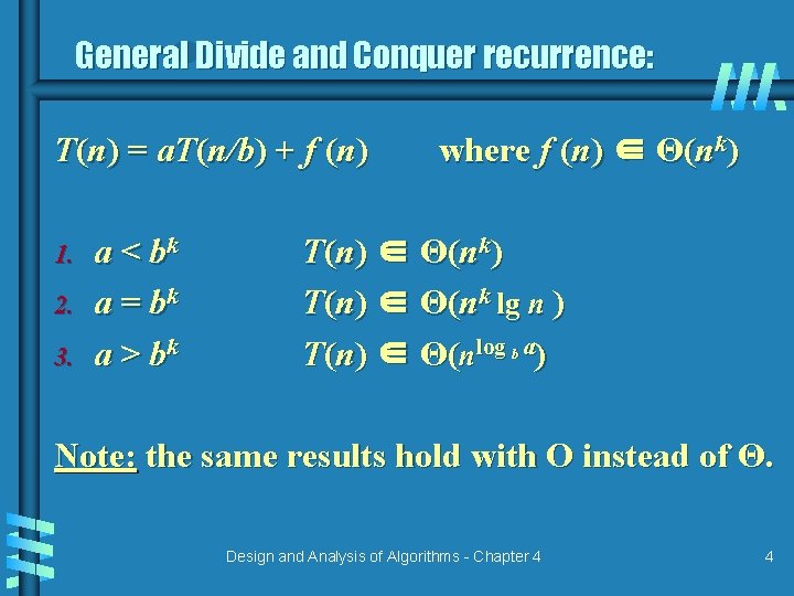 General Divide and Conquer recurrence: T(n) = a. T(n/b) + f (n) 1. 2.