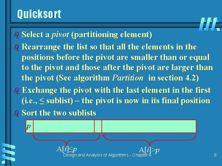 Quicksort b Select a pivot (partitioning element) b Rearrange the list so that all