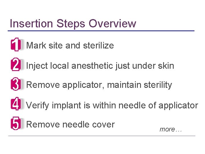 Insertion Steps Overview Mark site and sterilize Inject local anesthetic just under skin Remove