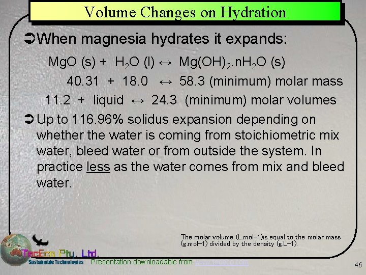 Volume Changes on Hydration ÜWhen magnesia hydrates it expands: Mg. O (s) + H