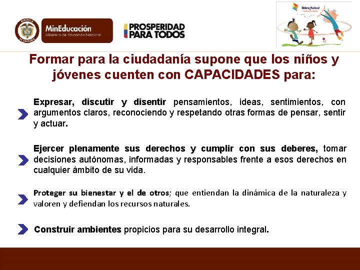 Formar para la ciudadanía supone que los niños y jóvenes cuenten con CAPACIDADES para: