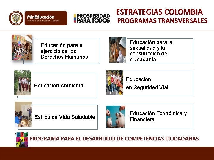 ESTRATEGIAS COLOMBIA PROGRAMAS TRANSVERSALES Educación para el ejercicio de los Derechos Humanos Educación para