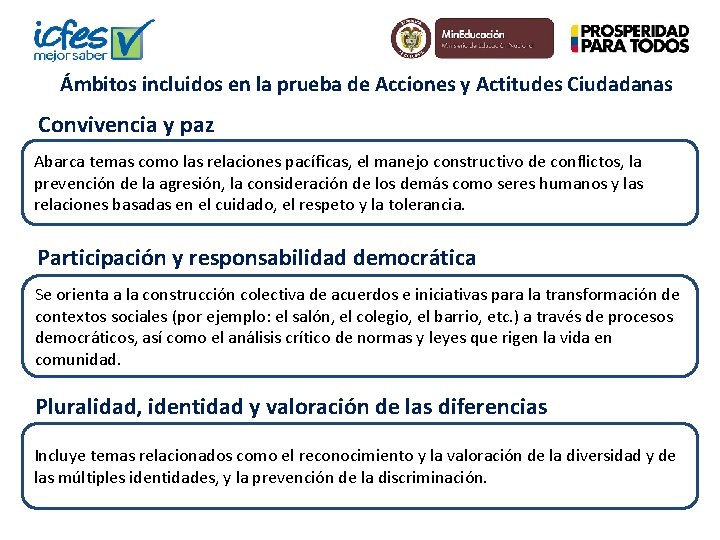 Ámbitos incluidos en la prueba de Acciones y Actitudes Ciudadanas Convivencia y paz Abarca