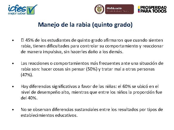 Manejo de la rabia (quinto grado) § El 45% de los estudiantes de quinto