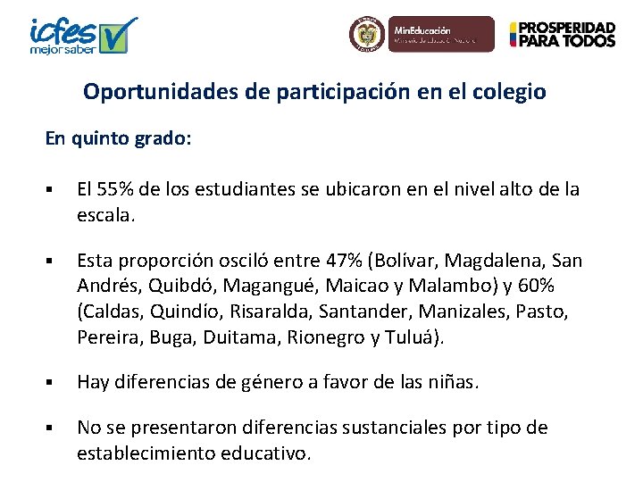 Oportunidades de participación en el colegio En quinto grado: § El 55% de los