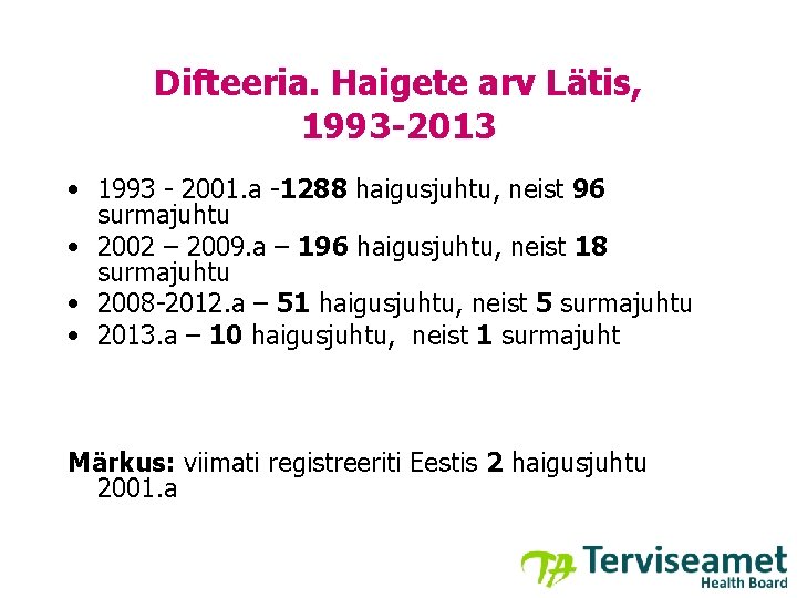 Difteeria. Haigete arv Lätis, 1993 -2013 • 1993 - 2001. a -1288 haigusjuhtu, neist