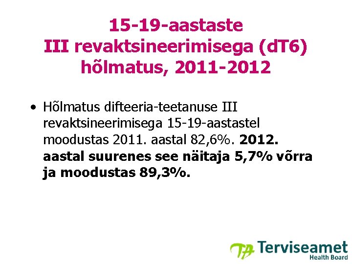 15 -19 -aastaste III revaktsineerimisega (d. T 6) hõlmatus, 2011 -2012 • Hõlmatus difteeria-teetanuse
