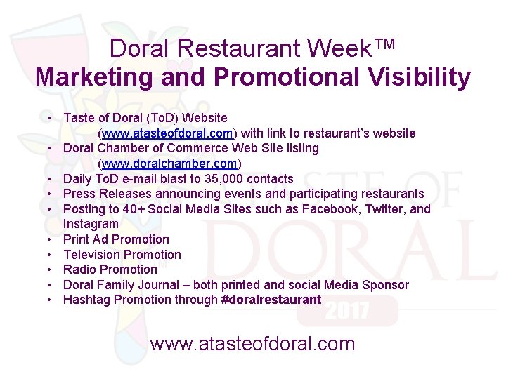 Doral Restaurant Week™ Marketing and Promotional Visibility • Taste of Doral (To. D) Website