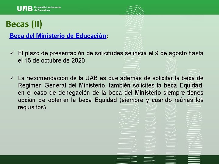 Becas (II) Beca del Ministerio de Educación: ü El plazo de presentación de solicitudes