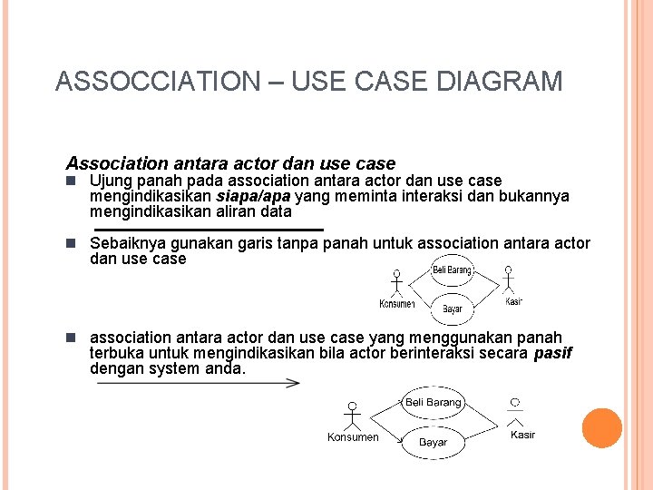 ASSOCCIATION – USE CASE DIAGRAM Association antara actor dan use case n Ujung panah