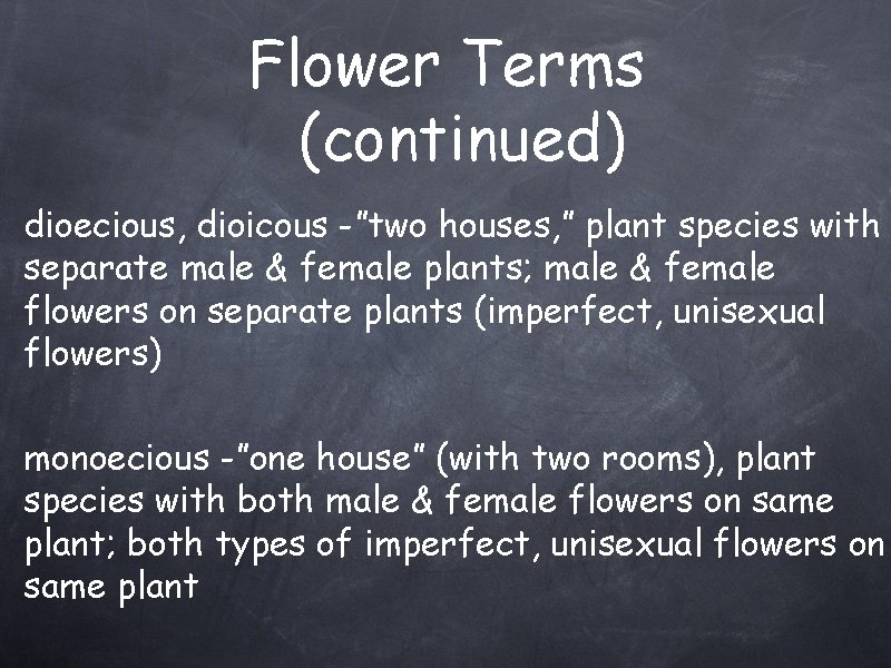 Flower Terms (continued) dioecious, dioicous -”two houses, ” plant species with separate male &
