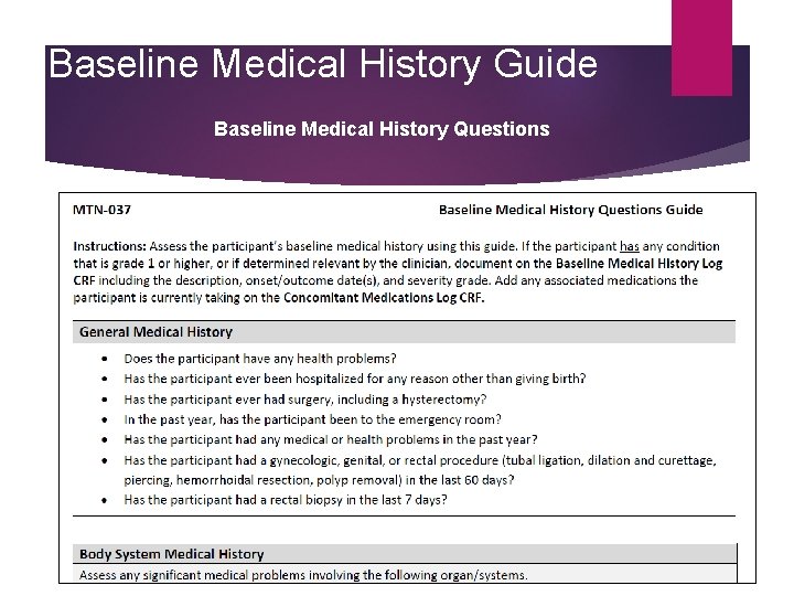 Baseline Medical History Guide Baseline Medical History Questions 