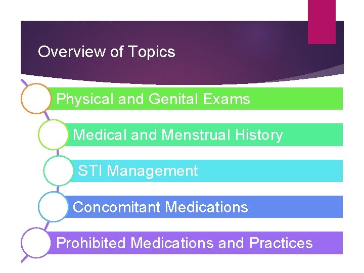 Overview of Topics Physical and Genital Exams Medical and Menstrual History STI Management Concomitant