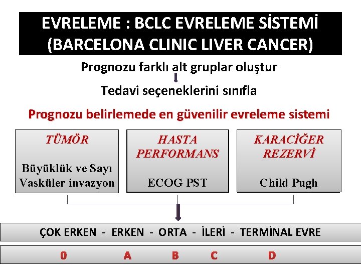 EVRELEME : BCLC EVRELEME SİSTEMİ (BARCELONA CLINIC LIVER CANCER) Prognozu farklı alt gruplar oluştur