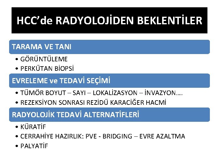 HCC’de RADYOLOJİDEN BEKLENTİLER TARAMA VE TANI • GÖRÜNTÜLEME • PERKÜTAN BİOPSİ EVRELEME ve TEDAVİ