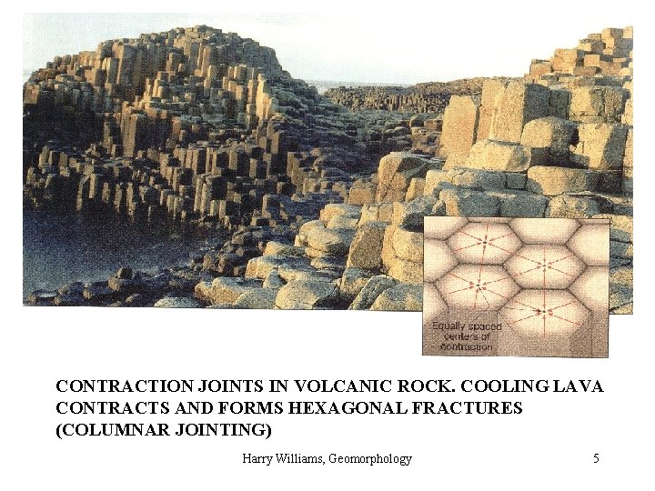 CONTRACTION JOINTS IN VOLCANIC ROCK. COOLING LAVA CONTRACTS AND FORMS HEXAGONAL FRACTURES (COLUMNAR JOINTING)