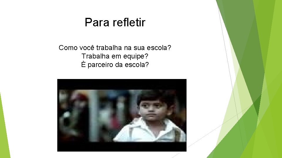 Para refletir Como você trabalha na sua escola? Trabalha em equipe? È parceiro da