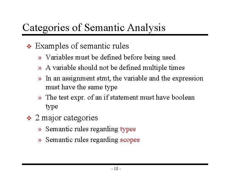 Categories of Semantic Analysis v Examples of semantic rules » Variables must be defined