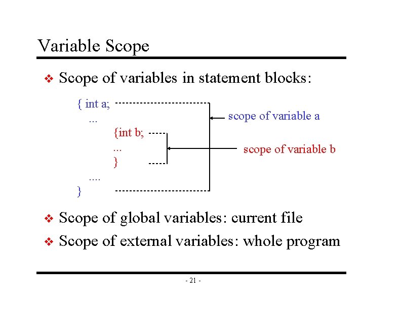 Variable Scope v Scope of variables in statement blocks: { int a; . .