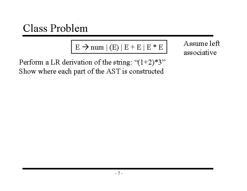 Class Problem E num | (E) | E + E | E * E