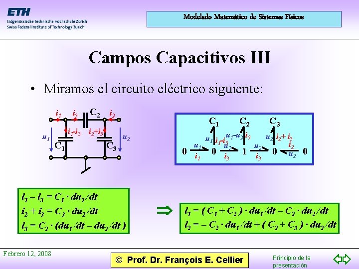 Modelado Matemático de Sistemas Físicos Campos Capacitivos III • Miramos el circuito eléctrico siguiente: