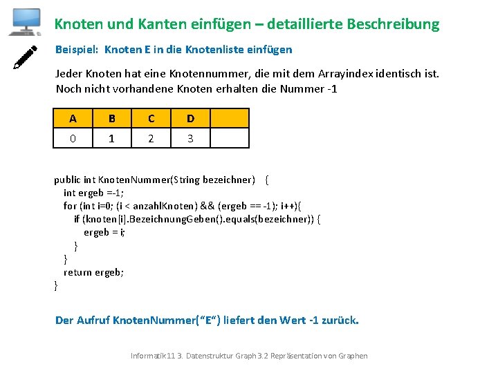 Knoten und Kanten einfügen – detaillierte Beschreibung Beispiel: Knoten E in die Knotenliste einfügen