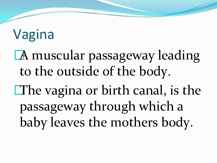 Vagina �A muscular passageway leading to the outside of the body. �The vagina or