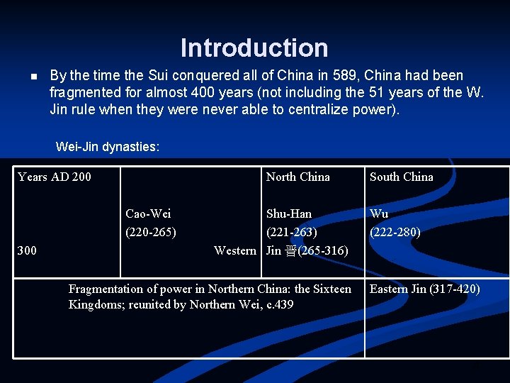 Introduction n By the time the Sui conquered all of China in 589, China