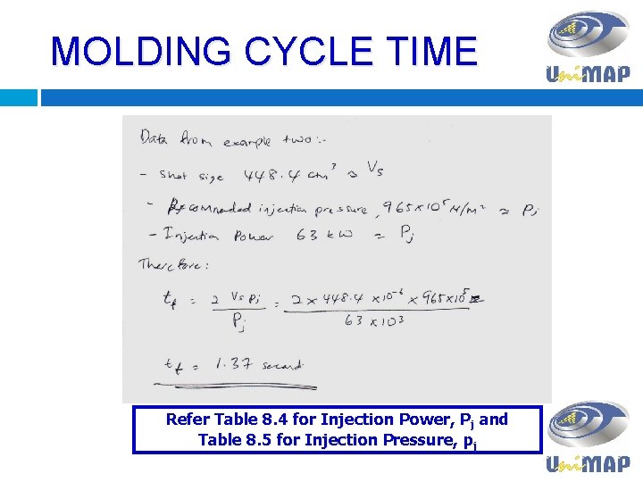 MOLDING CYCLE TIME Refer Table 8. 4 for Injection Power, Pj and Table 8.