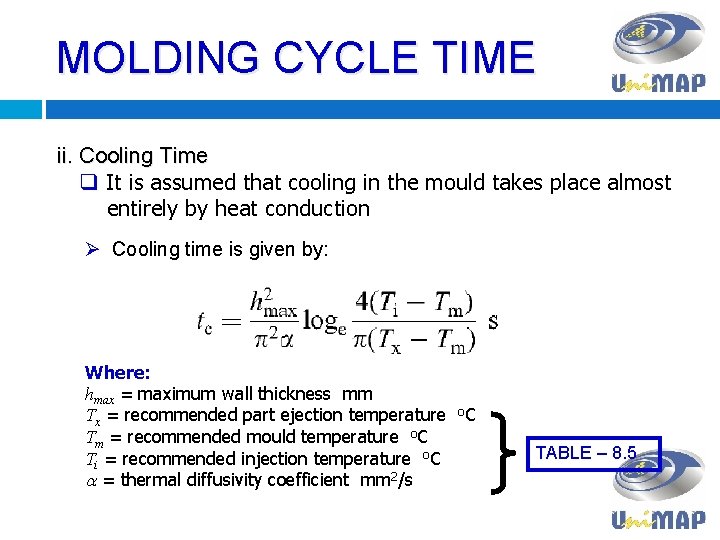 MOLDING CYCLE TIME ii. Cooling Time q It is assumed that cooling in the