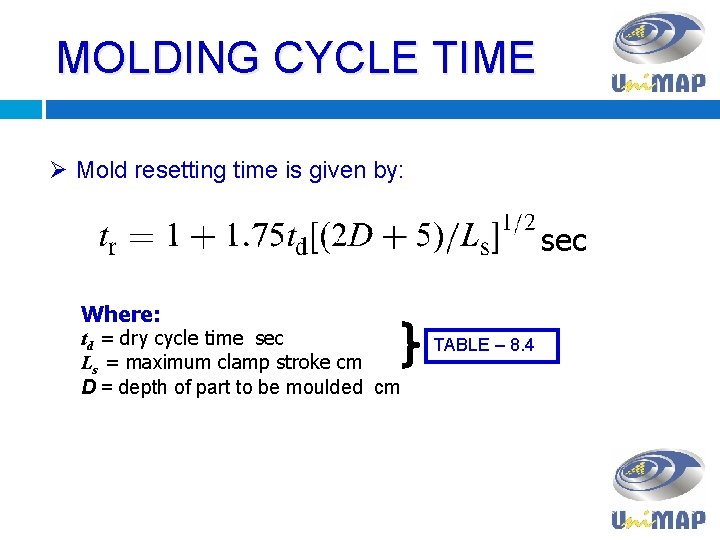 MOLDING CYCLE TIME Ø Mold resetting time is given by: sec Where: td =