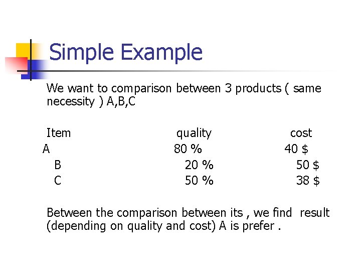 Simple Example We want to comparison between 3 products ( same necessity ) A,