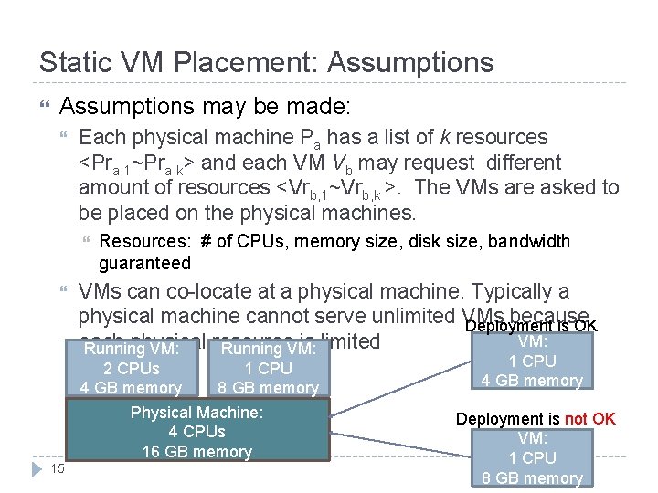 Static VM Placement: Assumptions may be made: Each physical machine Pa has a list