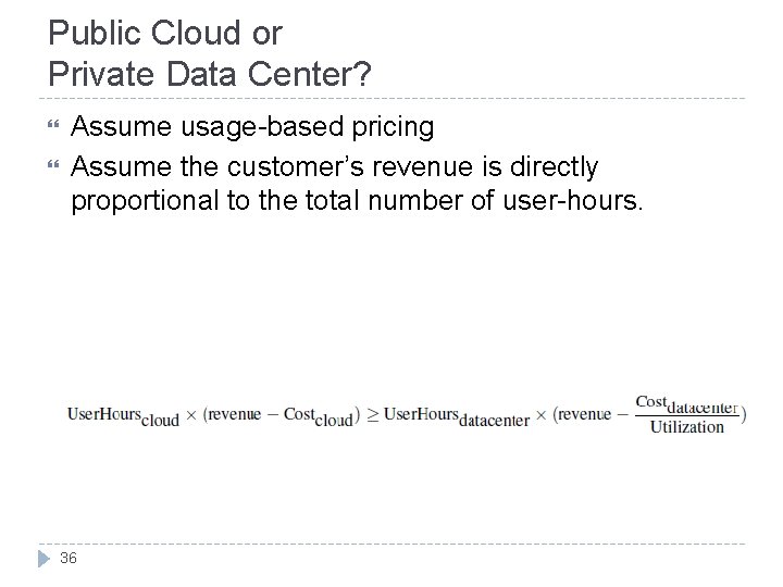 Public Cloud or Private Data Center? Assume usage-based pricing Assume the customer’s revenue is