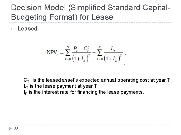 Decision Model (Simplified Standard Capital. Budgeting Format) for Lease • Leased CTL is the