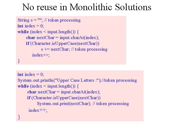 No reuse in Monolithic Solutions String s = ""; // token processing int index